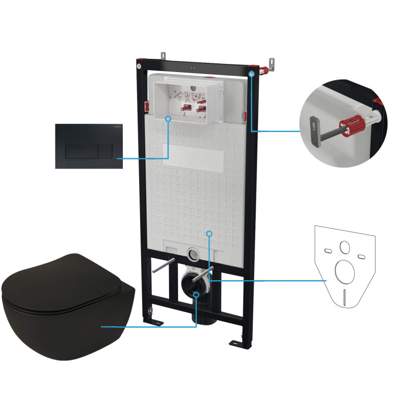 Elegancki Zestaw WC Podtynkowy 6 w 1 Nero z Cichym Spłukiwaniem i Antybakteryjną Deską