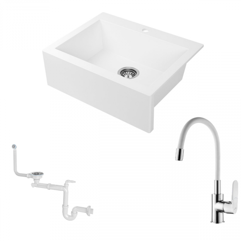 Nowoczesny Zlewozmywak Farmerski Komodo 63x49 cm Biały z Baterią Joga - Idealny do Twojej Kuchni!