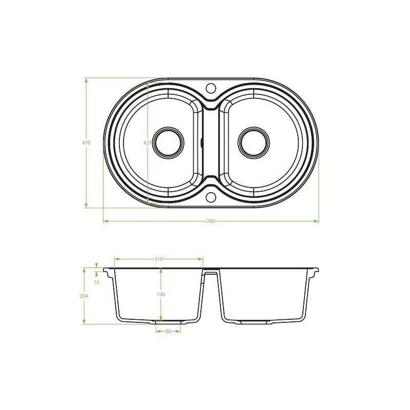 Laveo Dafne zlewozmywak granitowy czarne 470x780 2-komorowy