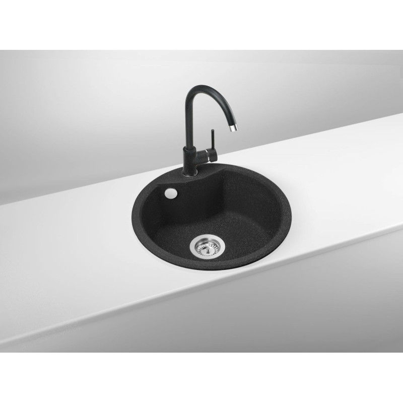 Nowoczesny granitowy zlewozmywak 1-komorowy + stylowa bateria, grafit ZRSB2803