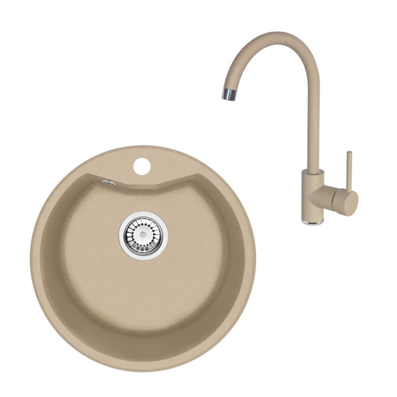 Stylowy Zlewozmywak Granitowy 48x48 z Nowoczesną Baterią Piaskowy ZRSB7803