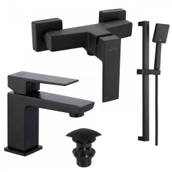 Zestaw Elegancja: Czarna Bateria Paros i Zestaw Natryskowy Patras z Drążkiem