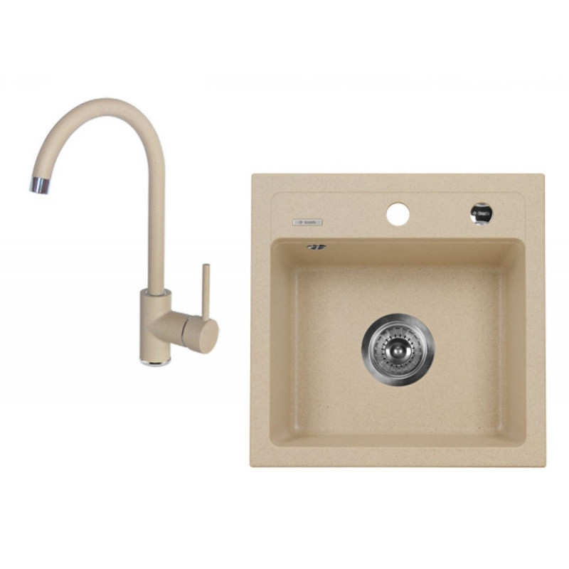 Elegancki Zlewozmywak Granitowy 1-komorowy 44x44 cm + Piaskowa Bateria ZQZA7103