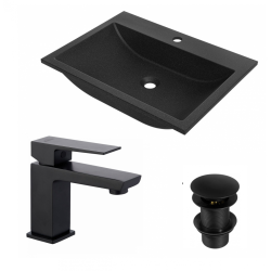 Elegancka Umywalka Granitowa ALBANO 60x44 cm z Baterią Click-clack - Czarna Elegancja do Łazienki