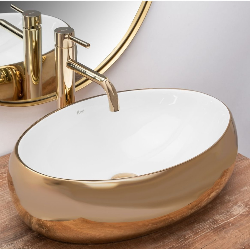 Stylowa Umywalka Nablatowa Linda Gold White - Elegancja Bieli i Złota w Twojej Łazience!