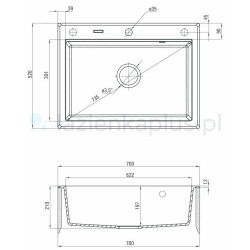 Czarny zlewozmywak granitowy Eridan 70x52 cm - minimalistyczny design bez ociekacza
