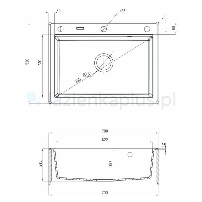 Czarny zlewozmywak granitowy Eridan 70x52 cm - minimalistyczny design bez ociekacza
