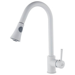 Biała bateria stojąca DARU z wyciąganą wylewką - ergonomia i styl w jednym