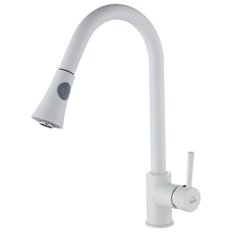 Biała bateria stojąca DARU z wyciąganą wylewką - ergonomia i styl w jednym