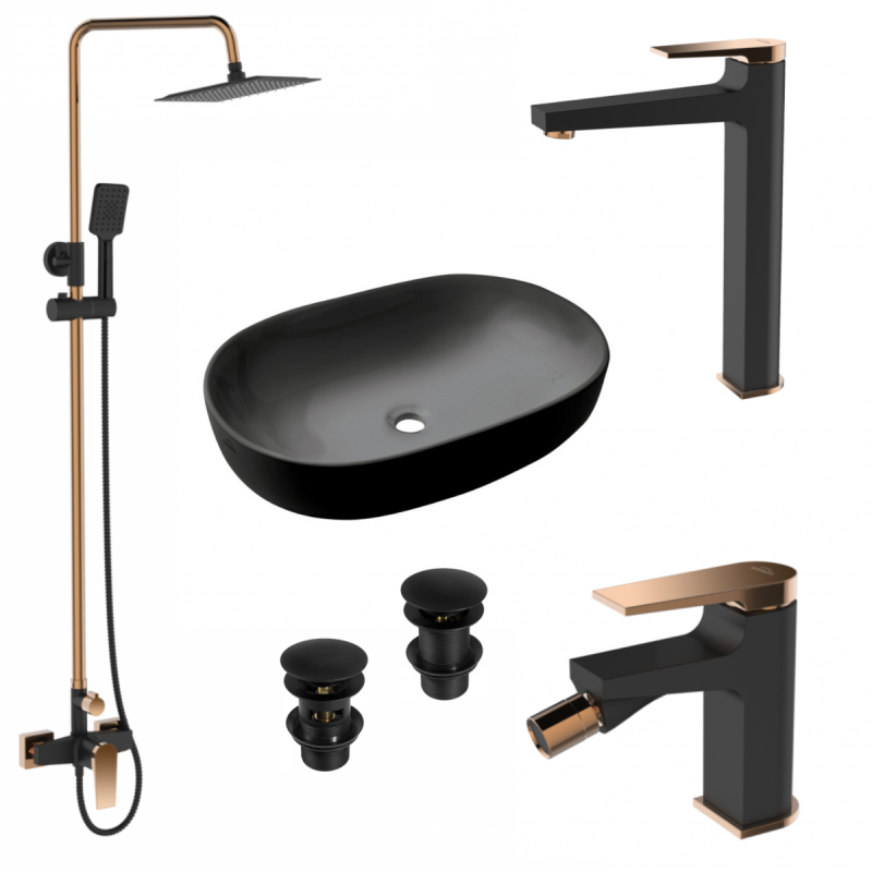Zestaw MIDNIGHT: Elegancka deszczownica z baterią i umywalką w czerni i złotej róży