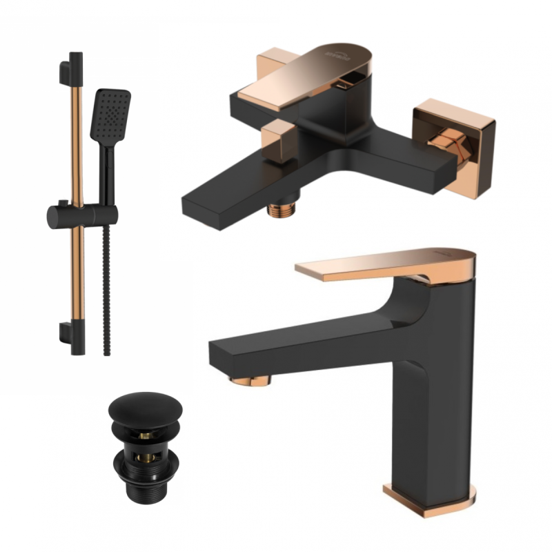 Elegancka Armatura MIDNIGHT Black/Gold Rose - Zestaw Wannowy i Umywalkowy
