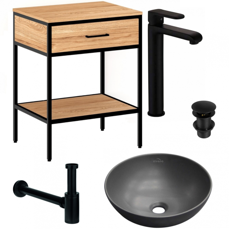 Ekskluzywny Zestaw Loft MODUS: Szafka 60 cm & Umywalka z Baterią i Ozdobnym Syfonem