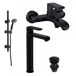 Zestaw łazienkowy Siros: Stylowa bateria czarna z natryskiem do wanny i umywalki