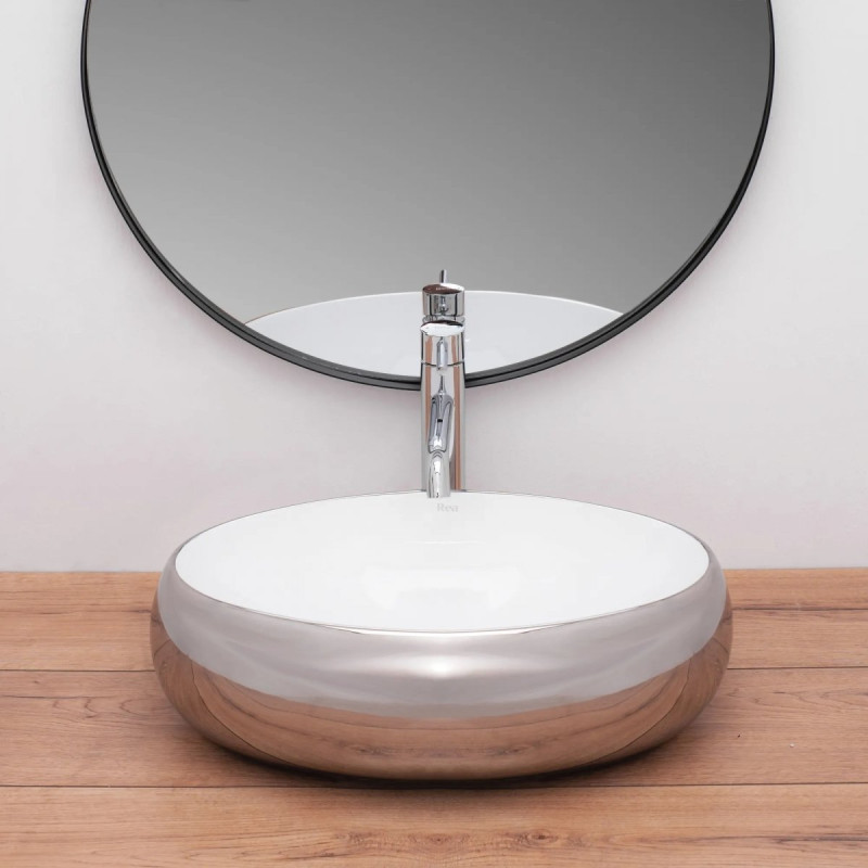 Elegancka Umywalka Nablatowa Linda w Białym i Srebrnym Wykończeniu