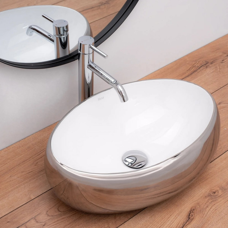 Elegancka Umywalka Nablatowa Linda w Białym i Srebrnym Wykończeniu