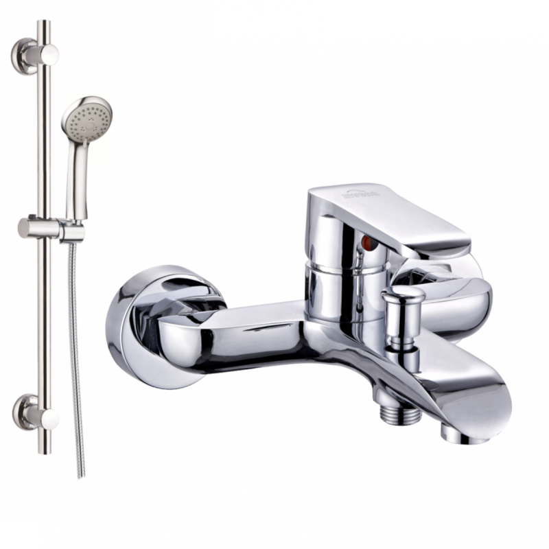 Elegancka bateria wannowa Siros z chromowanym zestawem natryskowym na drążku