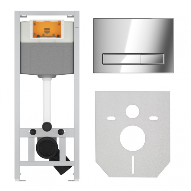 Zestaw podtynkowy WC Flaro: Stelaż, chromowany przycisk, izolacyjna podkładka