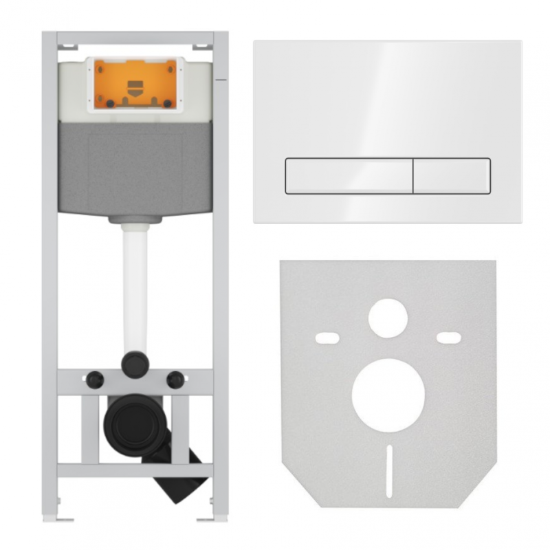 Zestaw Flaro: Stelaż WC podtynkowy + biały przycisk + mata wygłuszająca