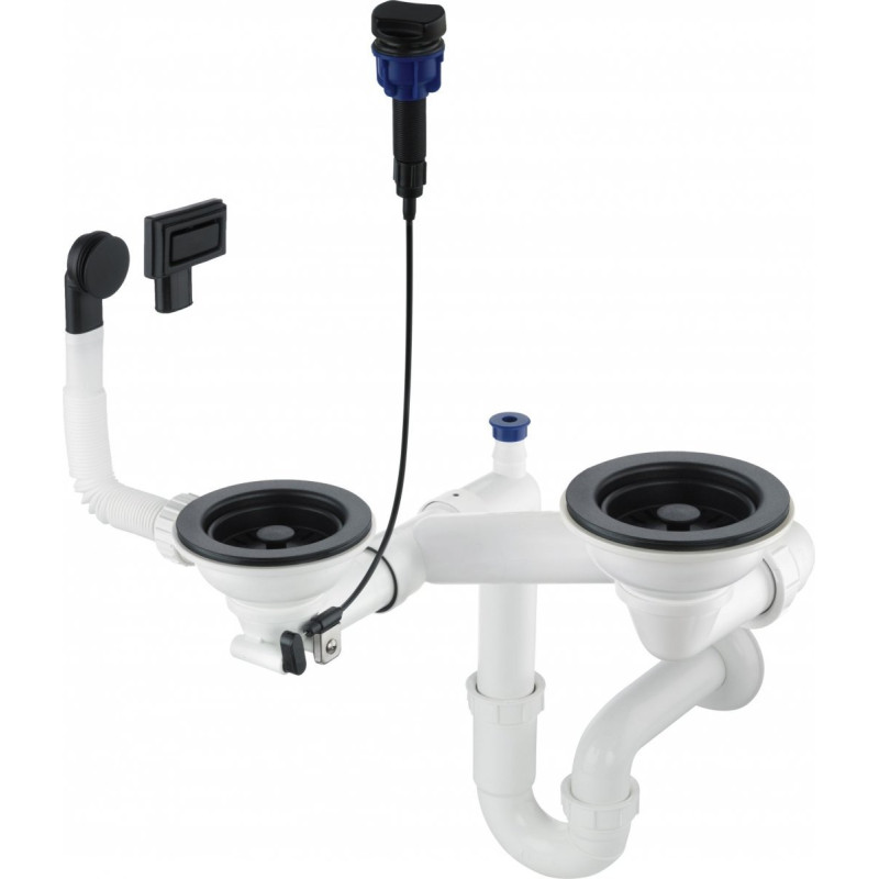 Elegancki czarny syfon oszczędzający miejsce do zlewozmywaków granitowych 2-komorowych