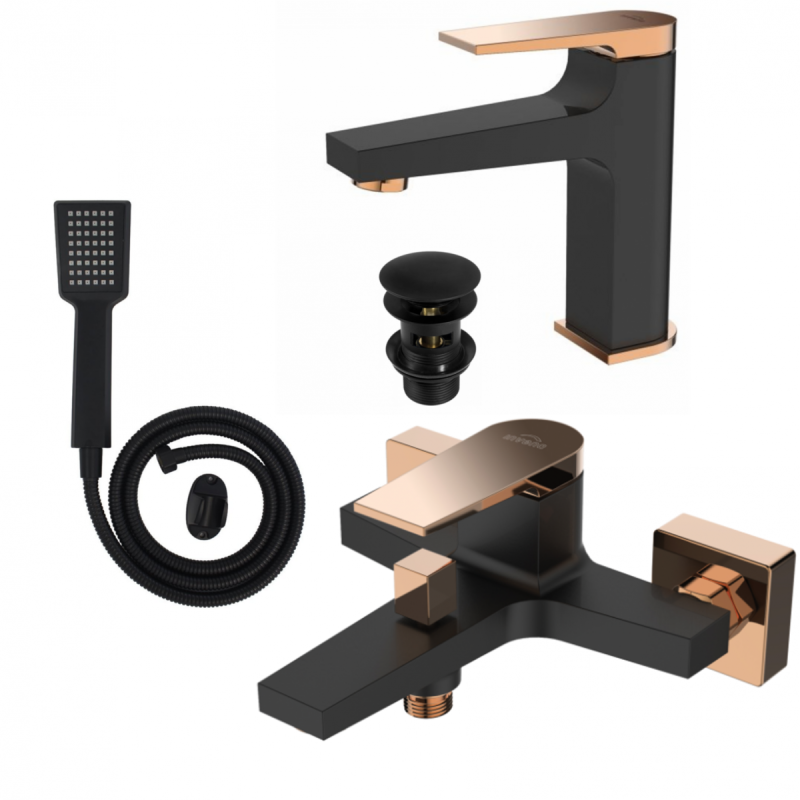 Elegancka Bateria MIDNIGHT Black/Gold Rose z Zestawem Natryskowym i Umywalkowym Invena