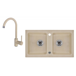 Elegancki Zlewozmywak Granitowy ZORBA 2-komorowy + Bateria Piaskowa - Styl i Funkcjonalność