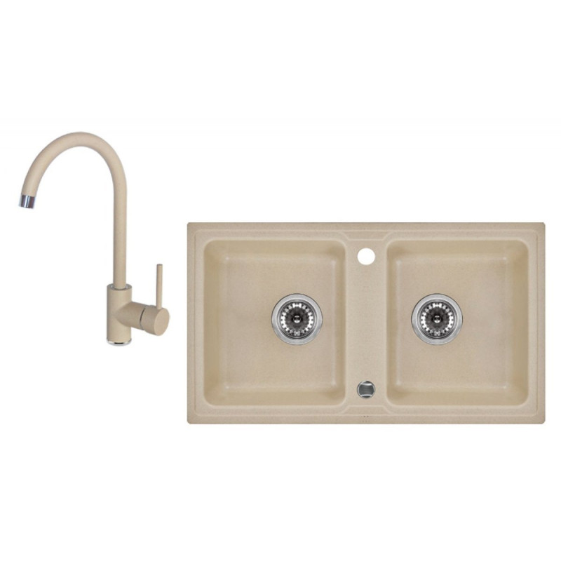 Elegancki Zlewozmywak Granitowy ZORBA 2-komorowy + Bateria Piaskowa - Styl i Funkcjonalność