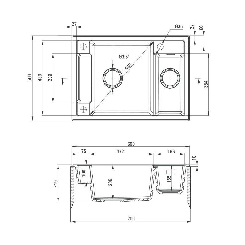 Elegancki zlewozmywak granitowy 1,5-komorowy Magnetic 69x50 antracytowy bez ociekacza