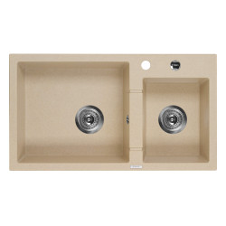 Dwukomorowy zlewozmywak granitowy z automatycznym korkiem i możliwością podłączenia zmywarki