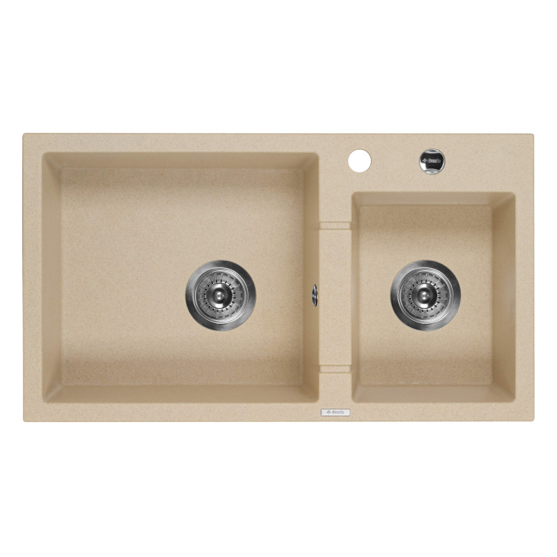 Dwukomorowy zlewozmywak granitowy z automatycznym korkiem i możliwością podłączenia zmywarki