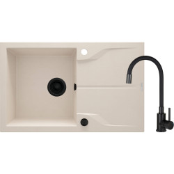 Granitowy Zlewozmywak Beige 1-komorowy z Baterią Nero i Ociekaczem - Nowoczesny Design!