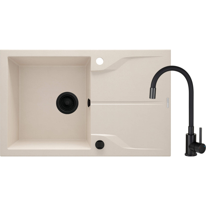 Granitowy Zlewozmywak Beige 1-komorowy z Baterią Nero i Ociekaczem - Nowoczesny Design!