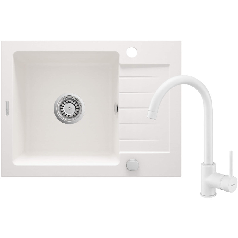 Elegancki Zlewozmywak Granitowy 1-komorowy z Baterią i Ociekaczem - Alabaster Matowy