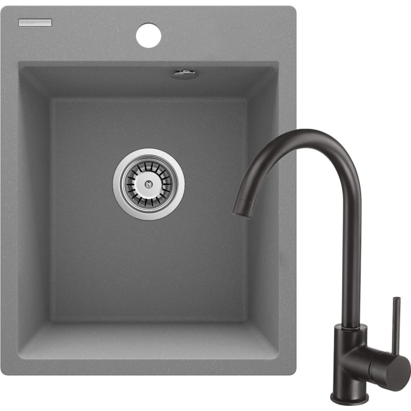 Nowoczesny zlewozmywak granitowy 1-komorowy szary metalik z baterią i osprzętem