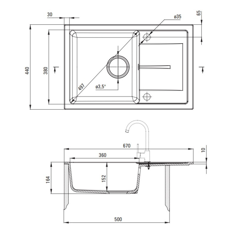 Elegancki Zlewozmywak Granitowy 1-Komorowy z Ociekaczem, Szary Mat, 650mm - Deante