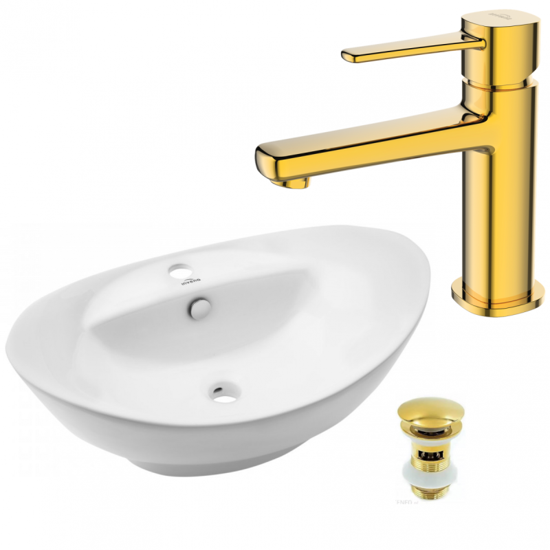 Elegancka umywalka Feme biała z luksusową baterią Glamour Gold CE-10-001