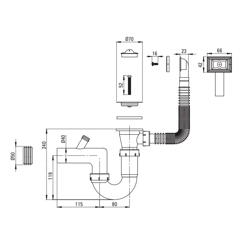 Syfon Zlewozmywakowy 1-komorowy Stalowy z Odpływem 2" i Przyłączem do Zmywarki - Niezbędnik Kuchni!