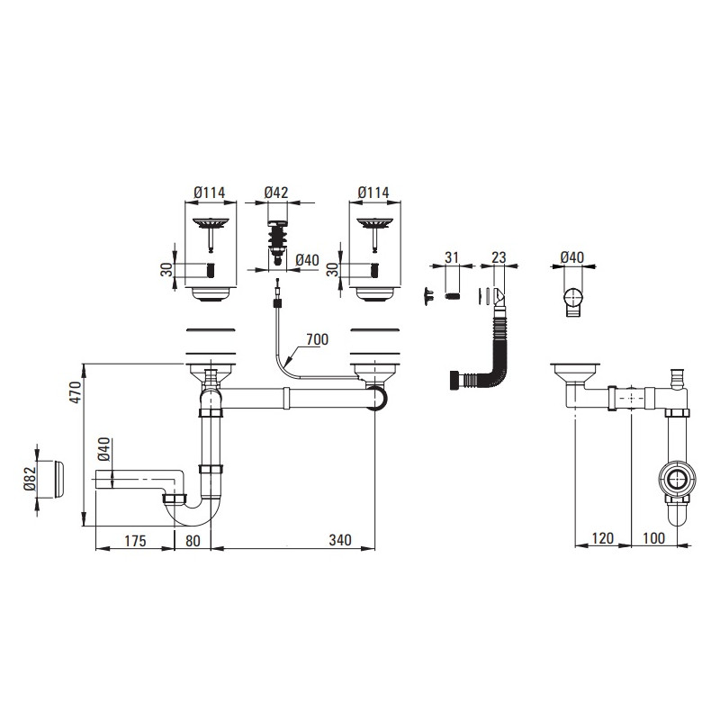 Granitowy Syfon Space-Saver do Zlewozmywaków 1.5/2-Komorowych z Stalowym Wykończeniem