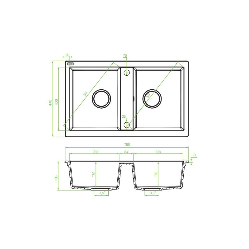 Laveo Barbados zlewozmywak granitowy szare 480x780 2-komorowy