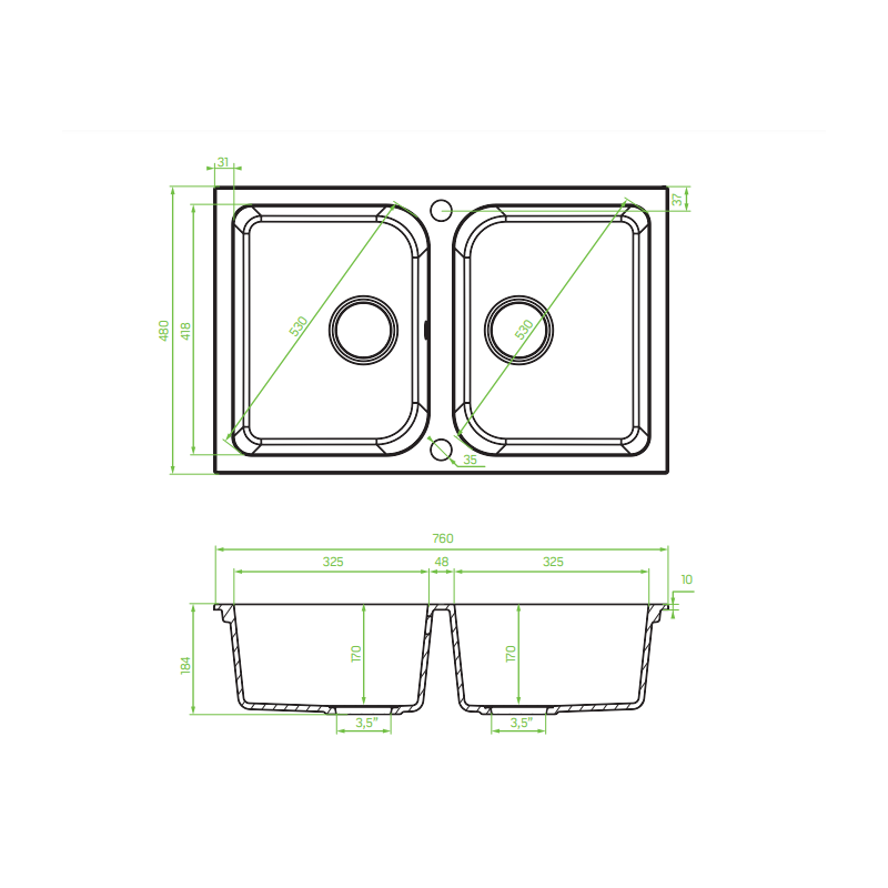 Granitowy zlewozmywak CELIA 2-komorowy - szary design, trwałość i praktyczność 480x760mm