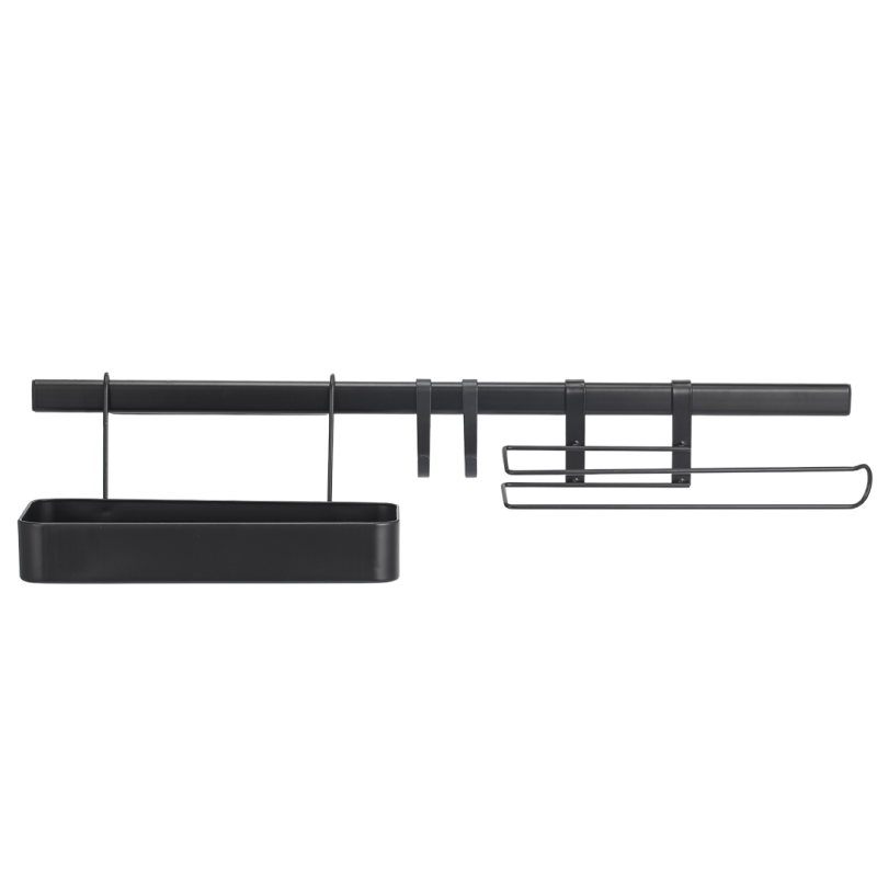 Czarny zestaw łazienkowy: półka + reling + uchwyt + haczyki, stalowa elegancja 605mm