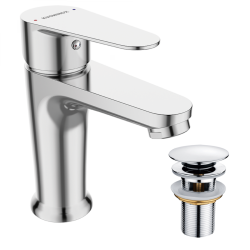 Elegancka bateria umywalkowa Kuchinox Fresno, chromowana, z korkiem klik-klak, oszczędna woda