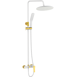 Elegancka kolumna natryskowa Alanis z białym i złotym wykończeniem, system antykamień