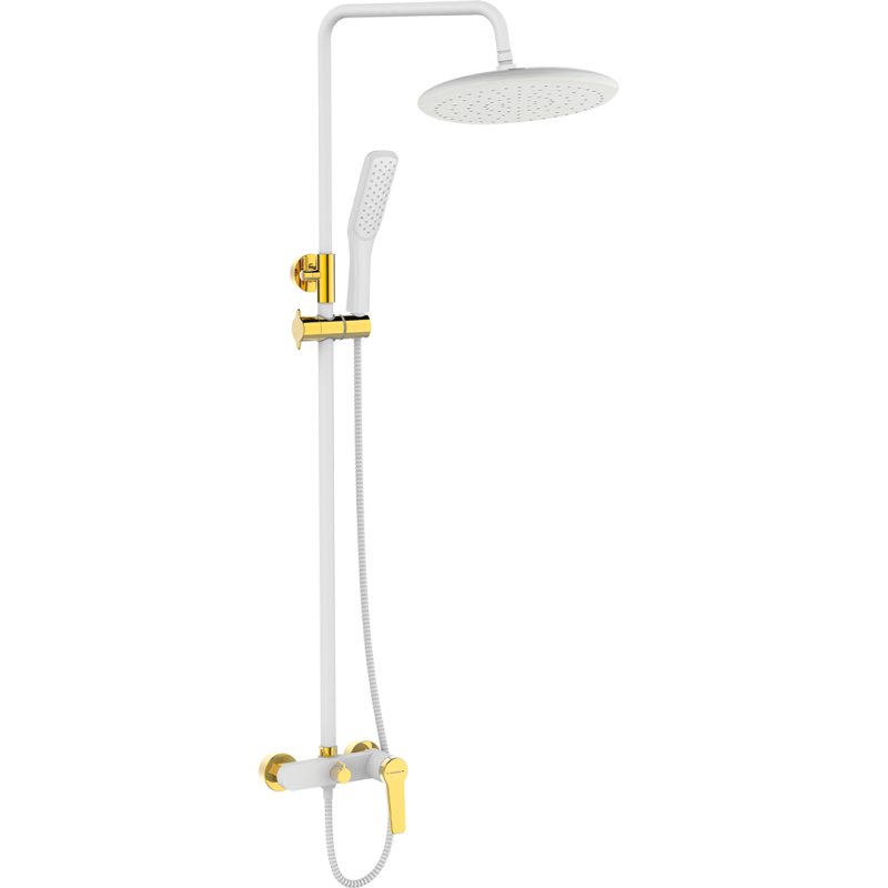 Elegancka kolumna natryskowa Alanis z białym i złotym wykończeniem, system antykamień