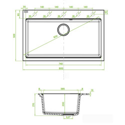 Zlewozmywak Tau 80x50 cm Czarny z Syfonem Space Saving - Wytrzymałość i Estetyka na Lata