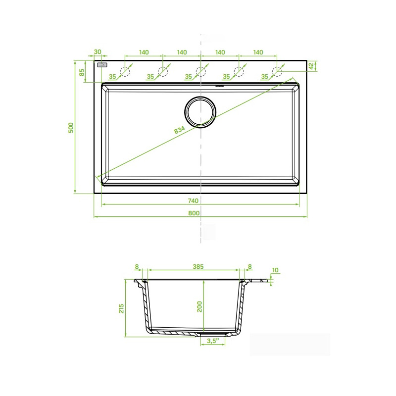 Zlewozmywak Tau 80x50 cm Czarny z Syfonem Space Saving - Wytrzymałość i Estetyka na Lata