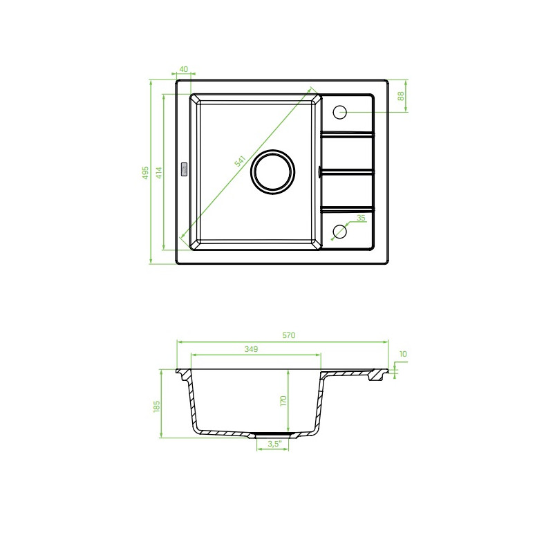 Laveo Trzynastka zlewozmywak granitowy czarne 495x570 1-komorowy