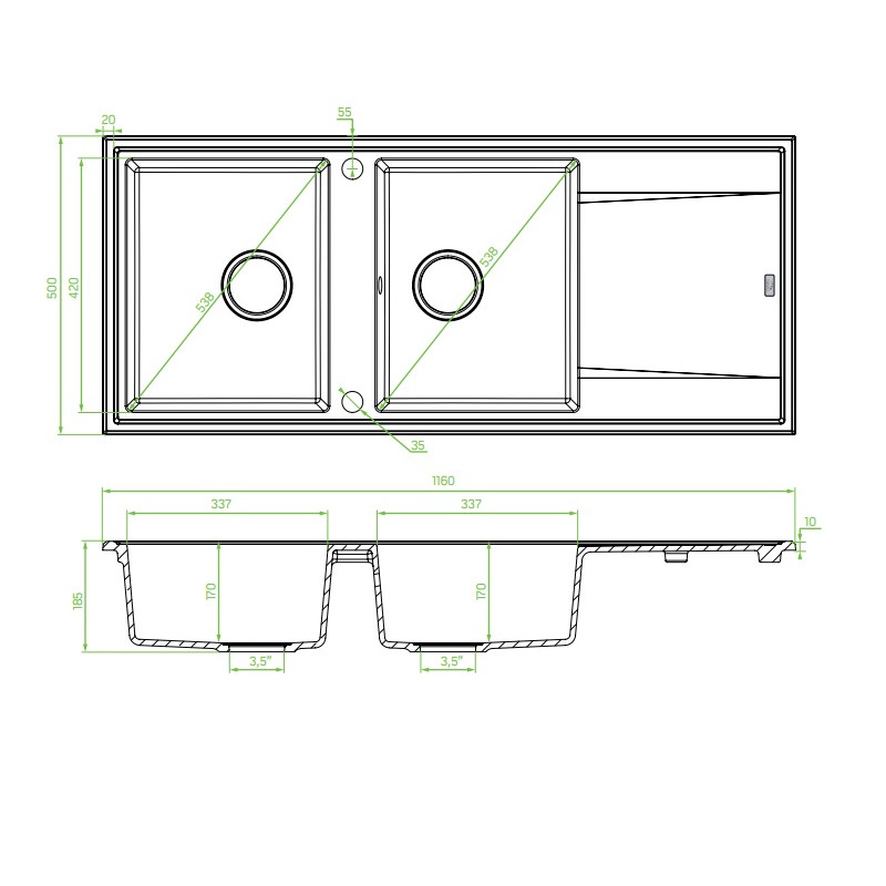 Laveo Megalo zlewozmywak granitowy czarne 500x116 2-komorowy