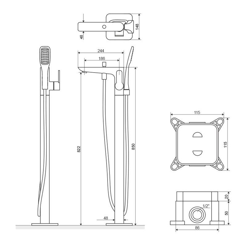 Oxalia bateria wannowa wolnostojąca, Z Fix-box, chrom