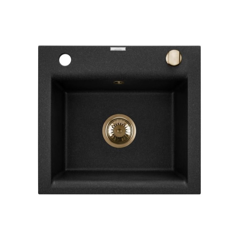 Elegancki Zlewozmywak Granitowy 1-komorowy 48x44 Tesalia Czarny ze Złotym Syfonem