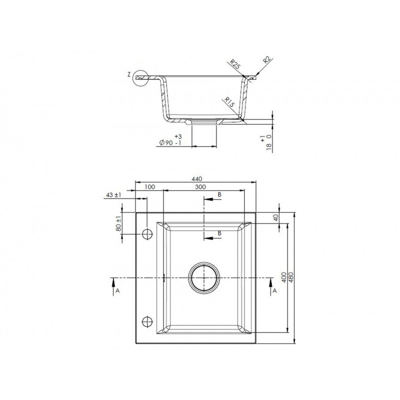Elegancki Zlewozmywak Granitowy 1-komorowy 48x44 Tesalia Czarny ze Złotym Syfonem